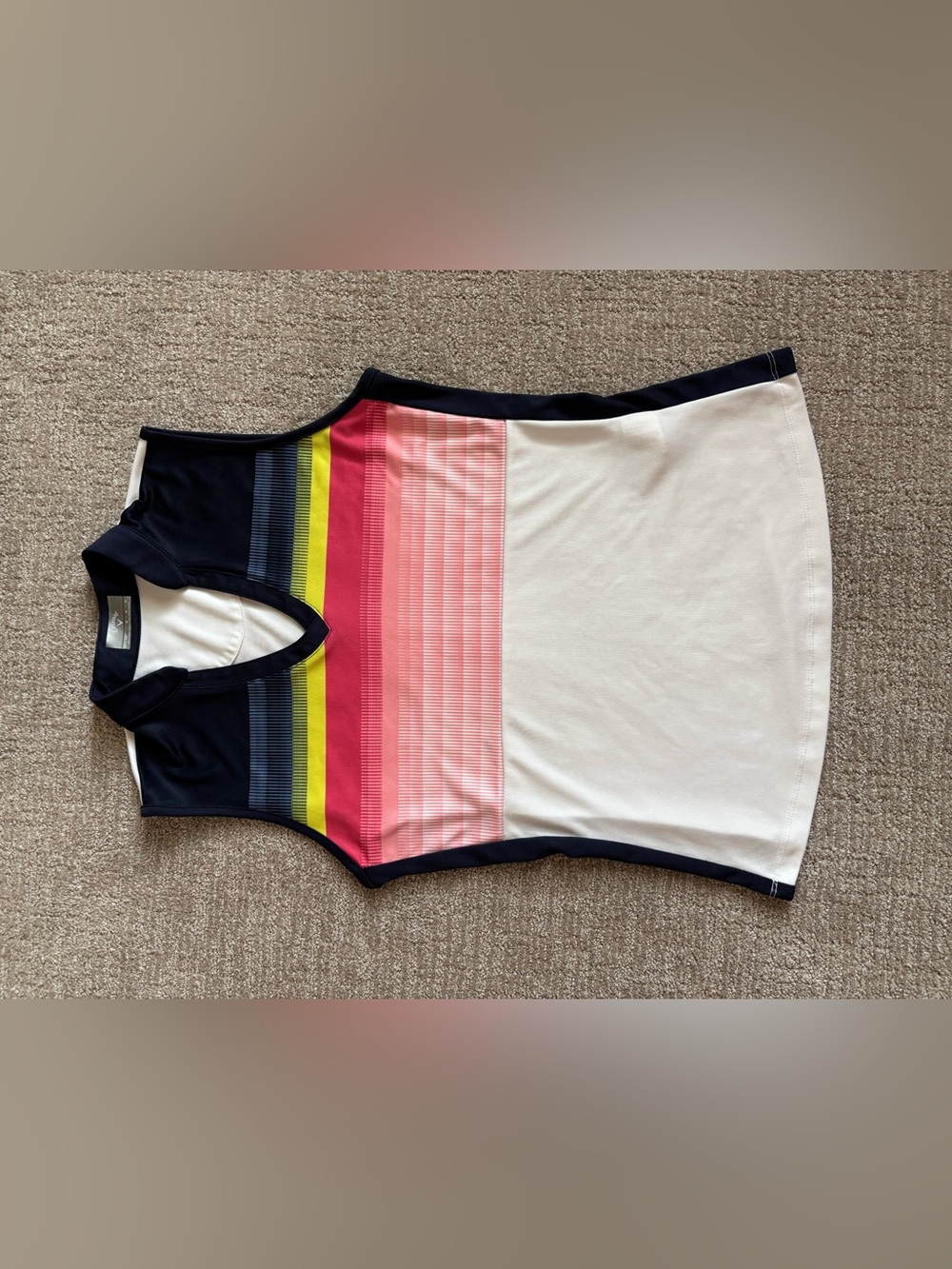 Callaway White sleeveless golf shirt with Navy, Pink and Yellow Colorblock